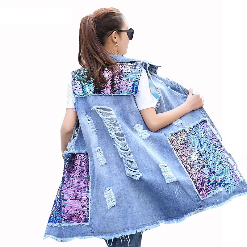 

Vintage spring denim vest WomenJacket 2019 summer sequins Frayed hole long section Plus size Jeans Waistcoat Female Femme LJ280