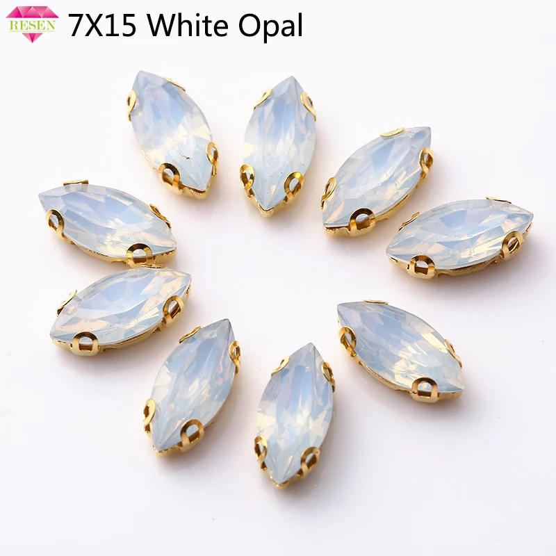 

RESEN 50pcs/pack White Opal 7x15mm Horse Eye Sew On Rhinestone With Gold Claw Setting Resin Navette Rhinestones Accessories