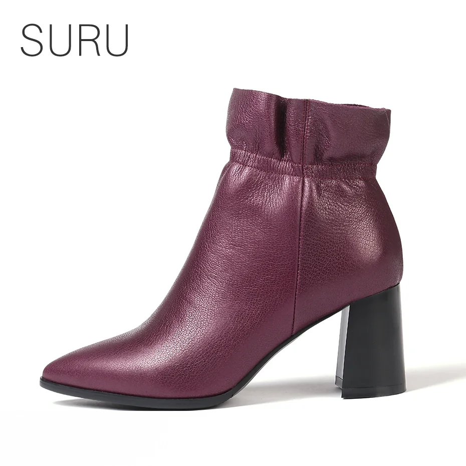 

SURU Chunky Heels Boots Winter or Autumn Leather Ankle Elastic Band Boots Women Pionted Toe Office Shoes with Side Zip