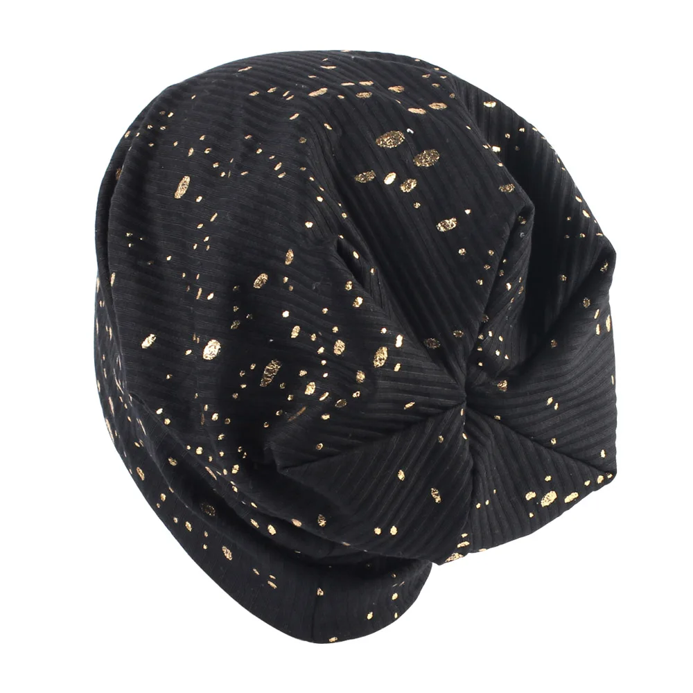 Geebro Women's Fashion Splatter Paint Ribbed Beanie Hat Metallic Color Cotton Beanies for Femme Slouchy Black Bronzing Skullies 4