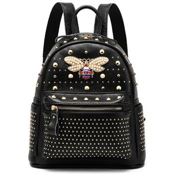 

Apis Florea Genuine Leather Both Shoulders Package 2018 Summer New Pattern Diamond Rivet Multipurpose Backpack Travelling Bag