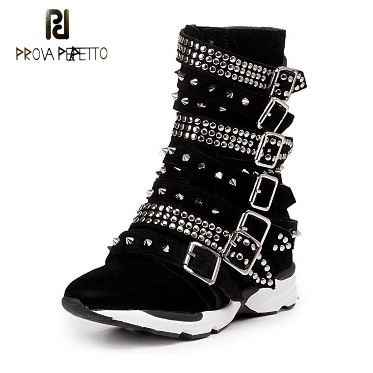Prova Perfetto Suede Leather Rivet Buckle Belt Korean Style Women Short Boots Round Toe Thick Heel Wedge Casual Breathable Shoes Prova Perfetto Suede Leather Rivet Buckle Belt Korean Style Women Short Boots Round Toe Thick Heel Wedge Casual Breathable Shoes