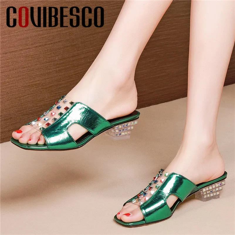

COVIBESCO Fashion Women Genuine Leather Solid Slip-on Rome Pumps Women Strange High Rivet Heels Blingbling Crystal Sandals Shoes