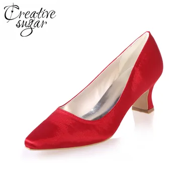 

Creativesugar satin dress shoes hoof heel bridal wedding party prom evening pumps mid heel red royal blue champagne white ivory