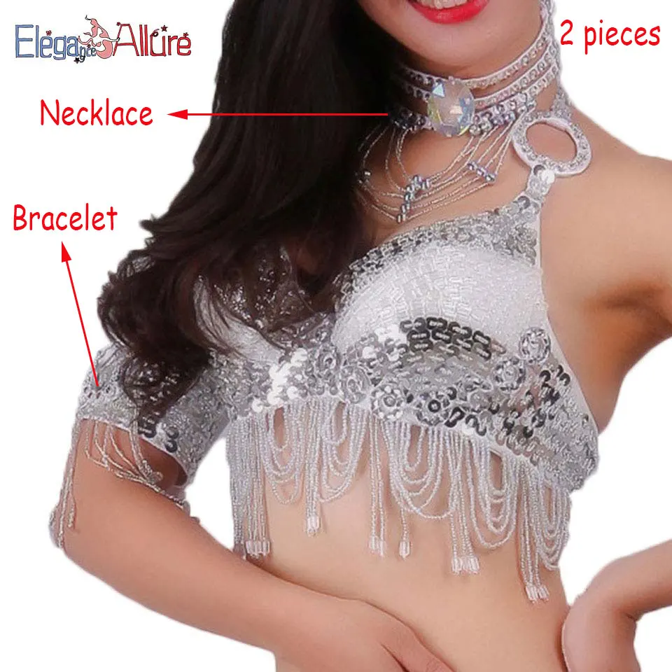 E&A, 2 шт., женский костюм для танца живота, комплект для выступлений, набор для танца живота, модный топ, пояс, ожерелье, браслет, юбка, Одежда для танцев - Цвет: White 2pcs NBC