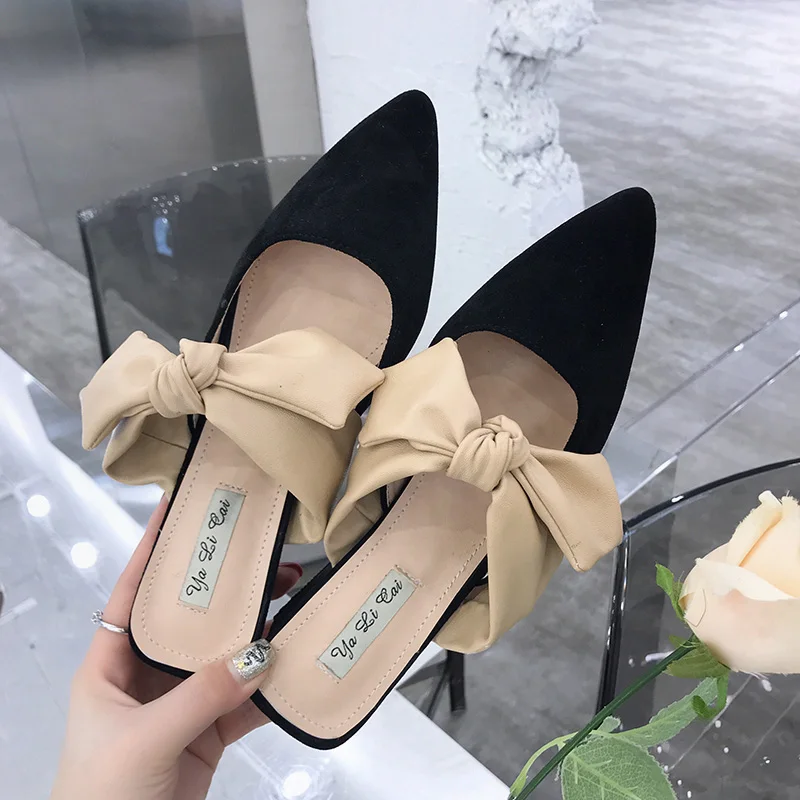 

Butterfly Knot Women Pumps Heel Women Sandals Fashion Bow Tie Women Mules Casual Pointed Toe Slip On Women Slippers 2019 New