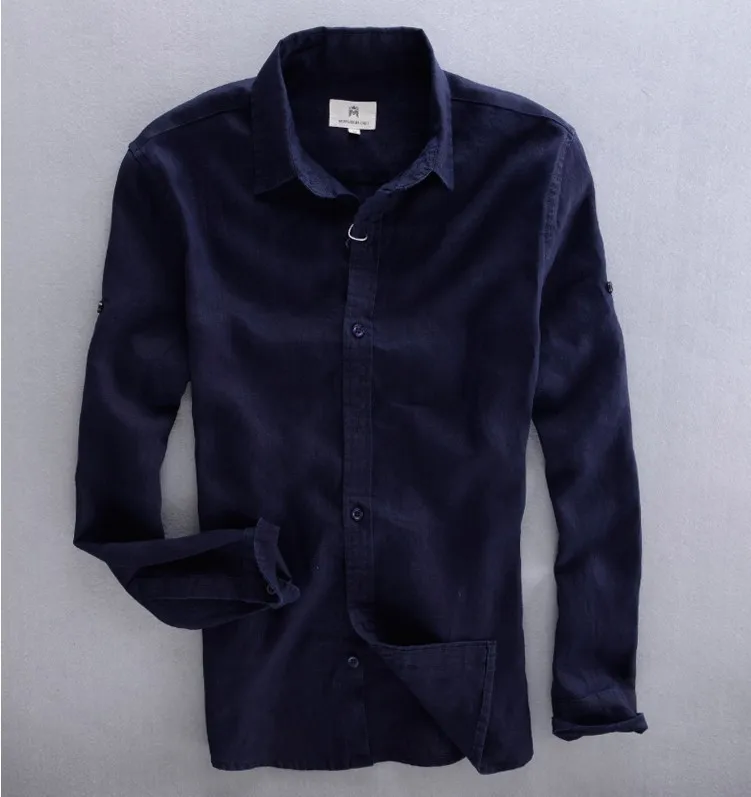 Горячая распродажа, модная Мужская льняная рубашка, брендовая однотонная Повседневная рубашка с длинным рукавом, с отложным воротником, мужская рубашка, плюс размер 4XL - Цвет: dark blue