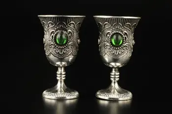 

2.8" 4pcs Vintage Handmade Collection Tibet Silver Unique Emerald Wine Cup Garden Decoration 100% real Tibetan Silver Brass
