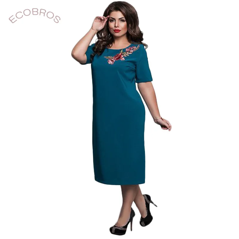 

ECOBROS Large size 6XL 2019 summer women's dress in the sleeves embroidery straight dress large size fat MM women's 6XL dress