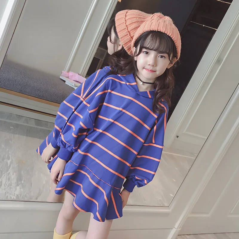 

Girls 4-12 Years Casual Hooded Long Sleeve Mini Striped Pattern Lovely Ruffled Hem Fashion Mid-Long Hoodies Dress