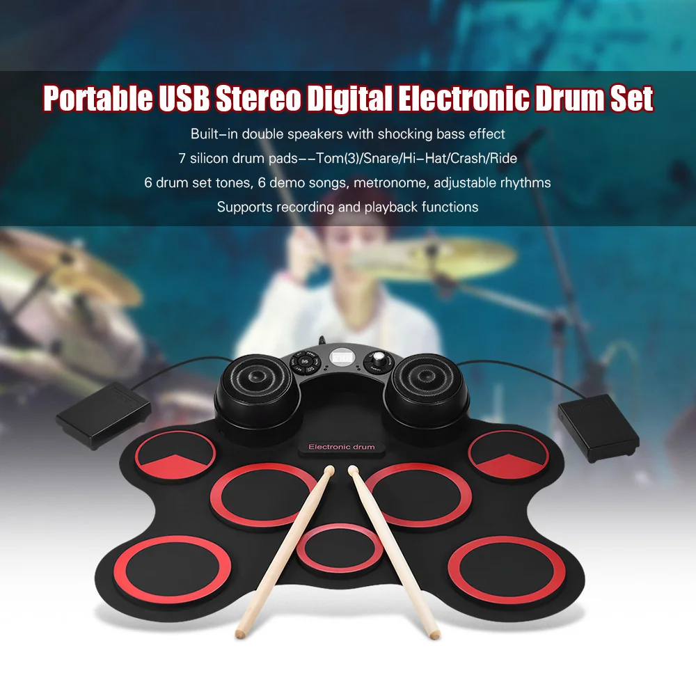 

Music Stereo Electronic Drum Set 7 Silicon Electronics Drum Pads Built-in Speakers USB Recording Function with Drumsticks Pedal