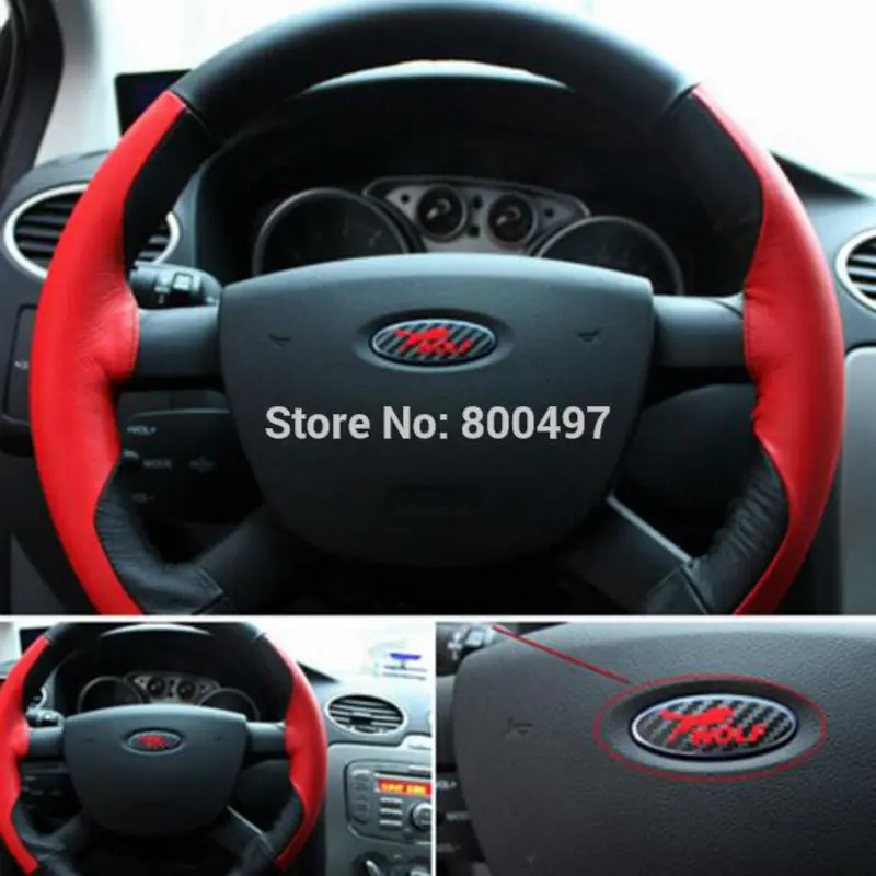 

New Car Styling 3D Carbon Fiber Vinyl Steering Wheel Sticker Wolf Logo Decorative Decal for Ford Focus MK1 MK2 MK3 MK4