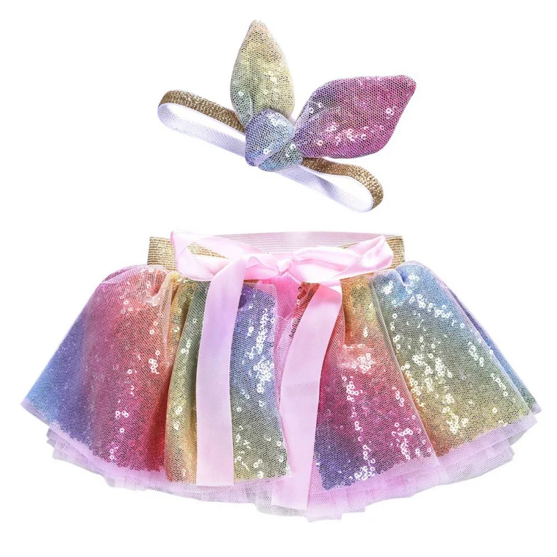

2PCS/Set Skirt Hair Accessories Kids Girls Sequin Party Prom Princess Pageant Fancy Skirt Tulle Tutu Skirts+Headdress Suit 2