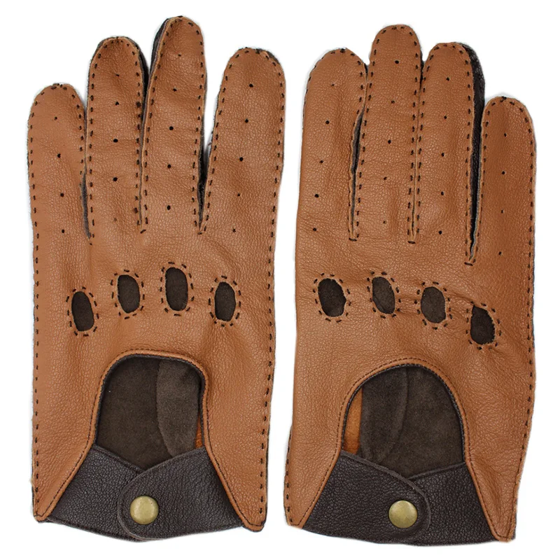 Мужские из натуральной кожи перчатки 2018 Новый стильный Повседневное дышащий перчатки овчины вождения темно-коричневый + светло-коричневый