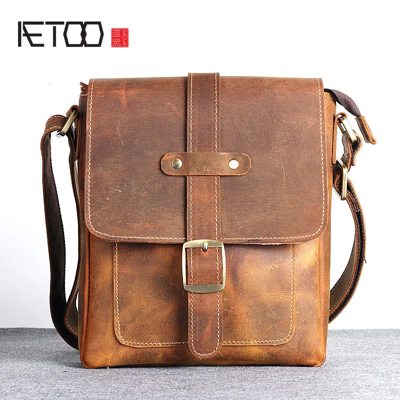 

AETOO Handmade mad horse leather men's shoulder vertical section cow leather simple retro postman Messenger bag leather casual m