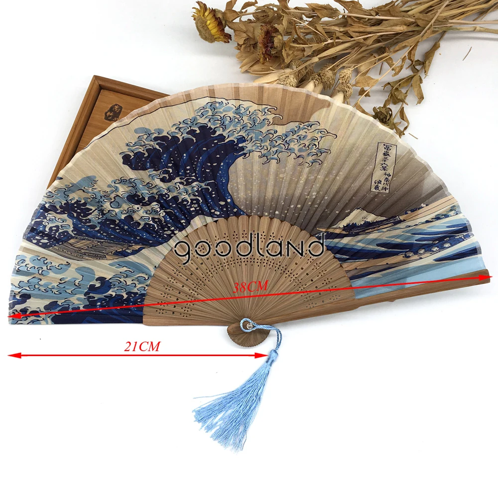 1 шт. Японский Натуральный шелк вентилятор крепление Fuji Kanagawa волны бамбук Элегантный карманный складной веер портативный для женщин веер