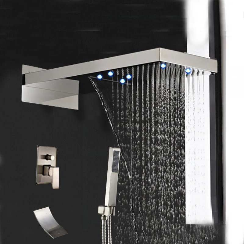 LED Brushed Nickel Waterfall Rain Shower Faucet Tub Spout Hand Shower