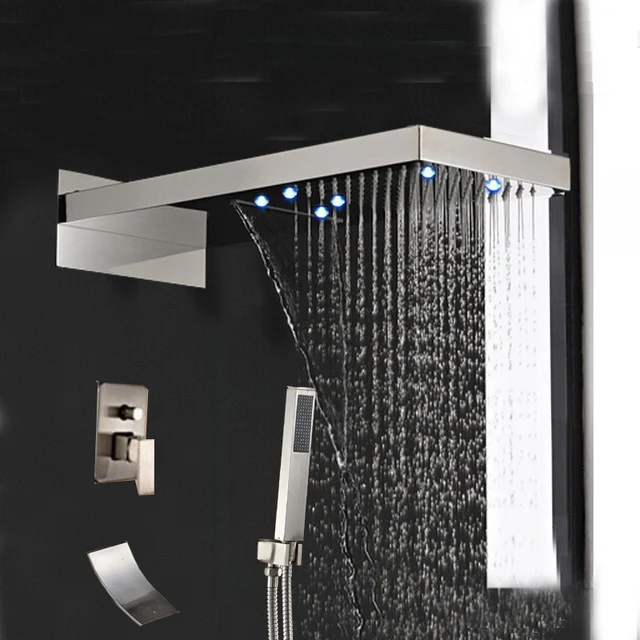 Led Brushed Nickel Waterfall Rain Shower Faucet Tub Spout Hand Led Brushed Nickel Waterfall Rain Shower Faucet Tub Spout Hand Set Mixer