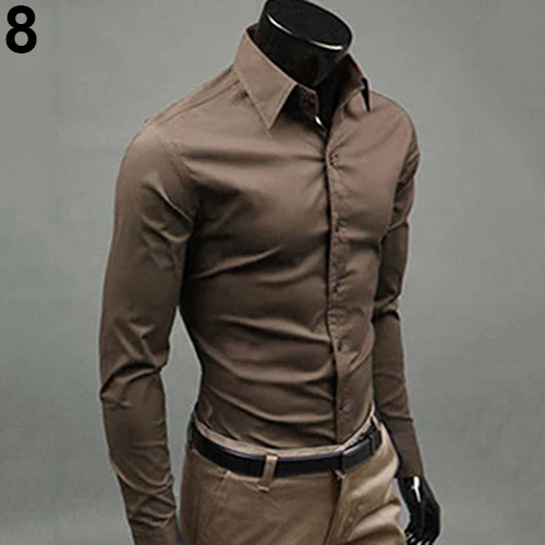 Модные карамельные цвета мужские рубашки с длинным рукавом приталенная деловая рубашка Повседневная Хлопковая сорочка Homme Camisas Masculina - Цвет: Brown