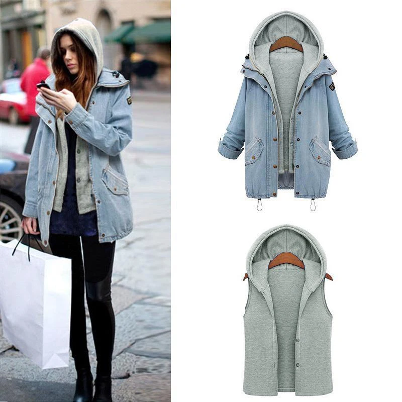 discounted  Autumn Women Jacket Two Piece Set Denim Jacket Hooded Plus Size Oversized Casual Women Long Sleeve 