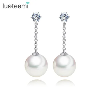 

LUOTEEMI White Gold-Color Korean Superstar Design Elegant White Round Imitation Pearl Pendant Chandelier Earrings For Women