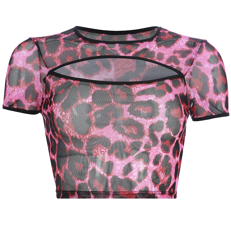 China summer clothing new Women's Clothing T-Shirts Net yarn perspective Leopard retro crop top sexy hollow out sheath fashion