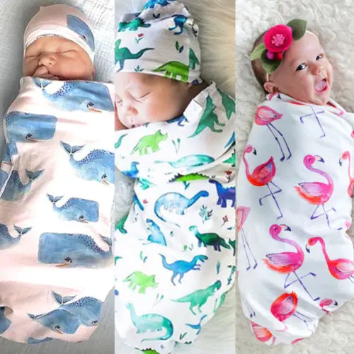 Симпатичные для новорожденных мальчиков и девочек хлопок Фламинго динозавров Акула цветочный КИТ пеленать Одеяло спальный мешок Hat муслин wrap