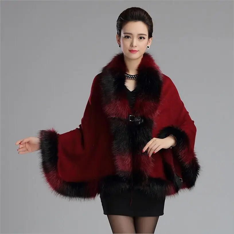 Faux Fur Collar Poncho Plain Outerwear Faux Fur Collar Poncho Plain Outerwear