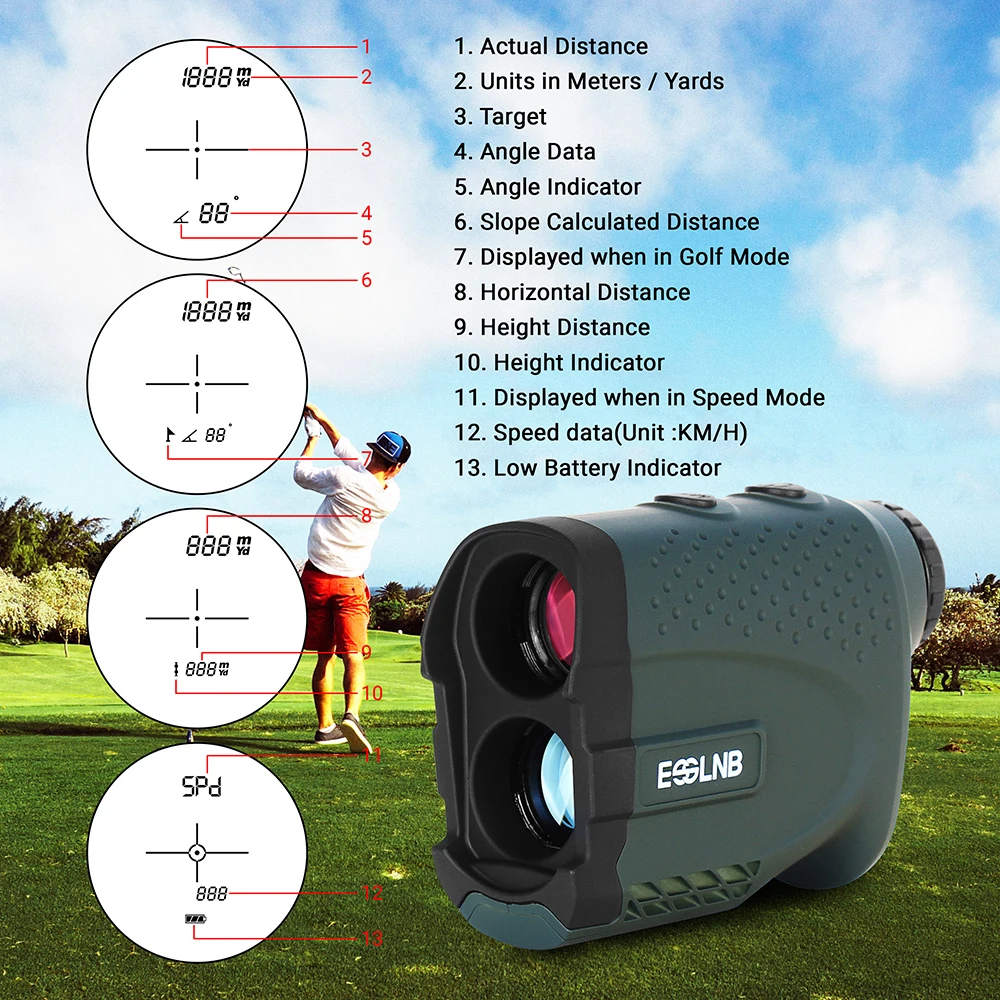 Golf Range Finders with Slop Flag-Lock Pulse Vibration Scanning Horizontal Distance Height Speed Angle Measurement 600 Meters 7X