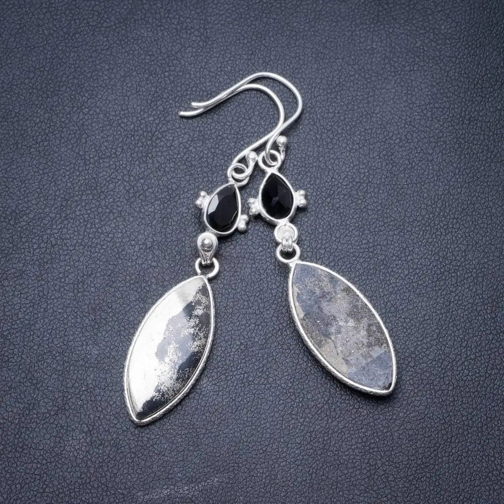 

Natural Apache Gold Stone and Black Onyx Handmade Unique 925 Sterling Silver Earrings 2.25" Y2957