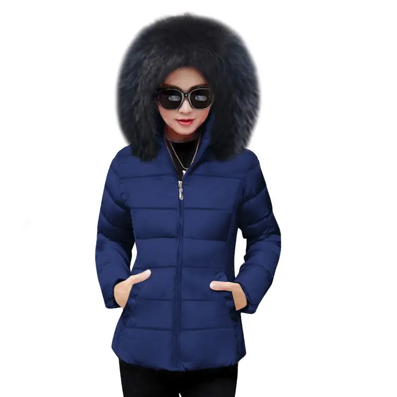 Женская куртка и пальто, осенняя с меховым воротником, с капюшоном, хлопковая стеганая зимняя куртка, женская короткая верхняя одежда, Студенческая теплая Базовая куртка - Цвет: Black fur dark blue