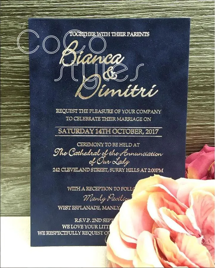 Cocostyles Custom Modern Navy Bule Velvet Gold Foiling Invitation