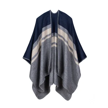 

2017 Autumn Winter Vintage Women Knitted Shawl Poncho Faux Cashmere Stripe Pattern Oversized Long Bohemia Cape