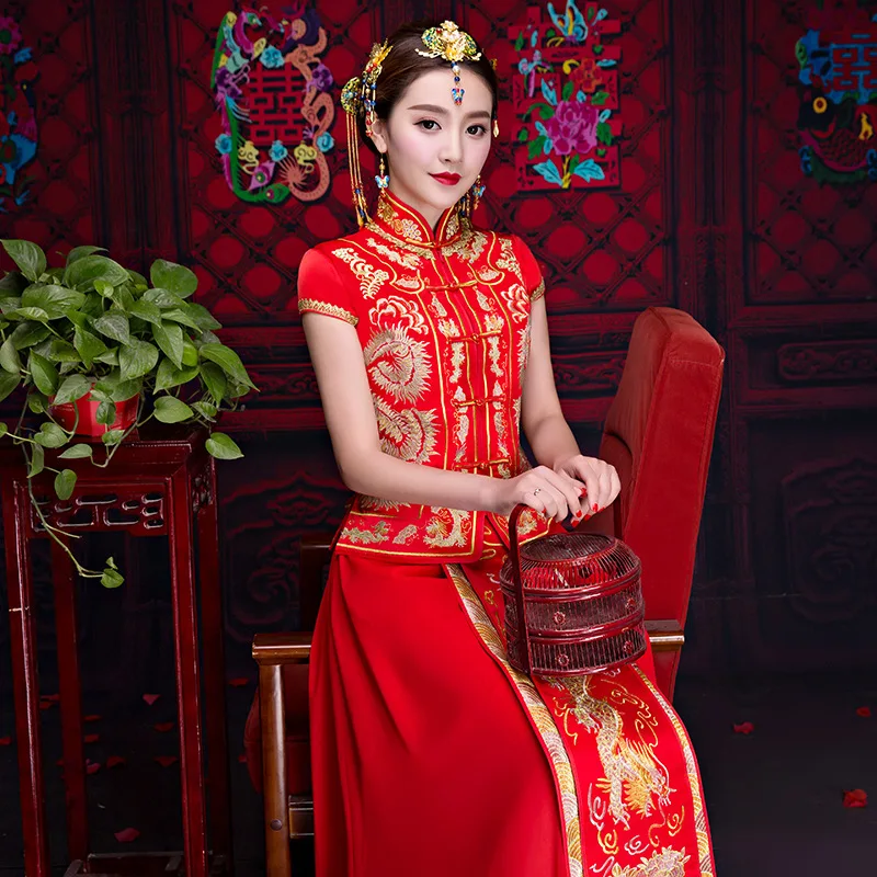 Красный летняя одежда вышивка дракон тост одежды невесты cheongsam торжественное платье для зарубежных китайцев с короткими рукавами платье