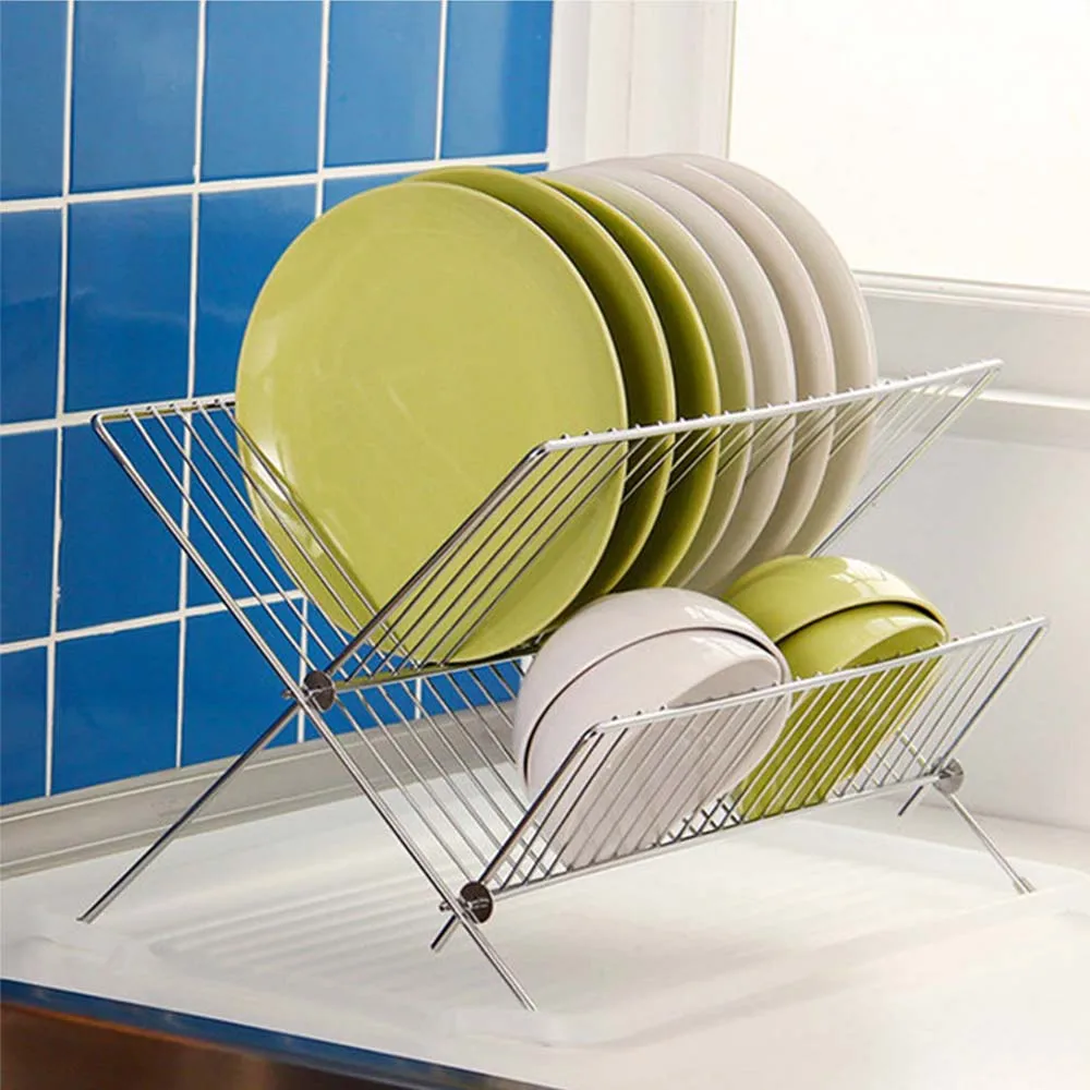 

2 Tier Folding Dish Rack Stainless Steel Kitchen Dish Drainer Cup and Dish Organizer Kitchen Storage Organization Accessories