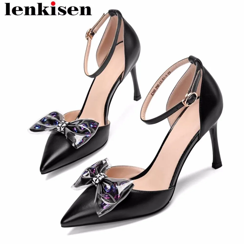 

Lenkisen European style stiletto high heels pointed toe butterfly-knot decoration buckle strap cow leather sexy women pumps L99