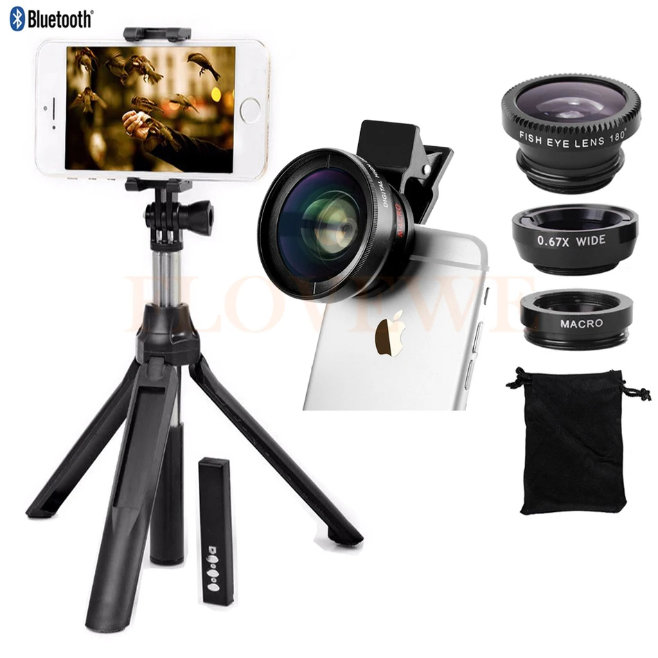 

2in1 HD Phone Camera 0.45X Wide Angle 12.5X Macro Lens Fisheye Wide Angle Macro Lentes Bluetooth Shutter For iphone 5s 6 6s 7 8