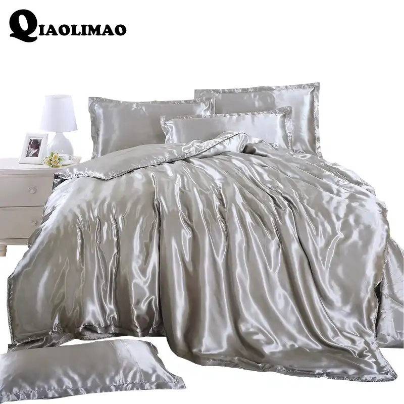 Silk Satin Bedding Set Solid Color Bed Linen Silver Grey Sheet Pillowcase Duvet Cover Set Soft Tencel Flat Sheet 3pcs Or 4pcs Grey Sheets Satin Bedding Setduvet Cover Set Aliexpress