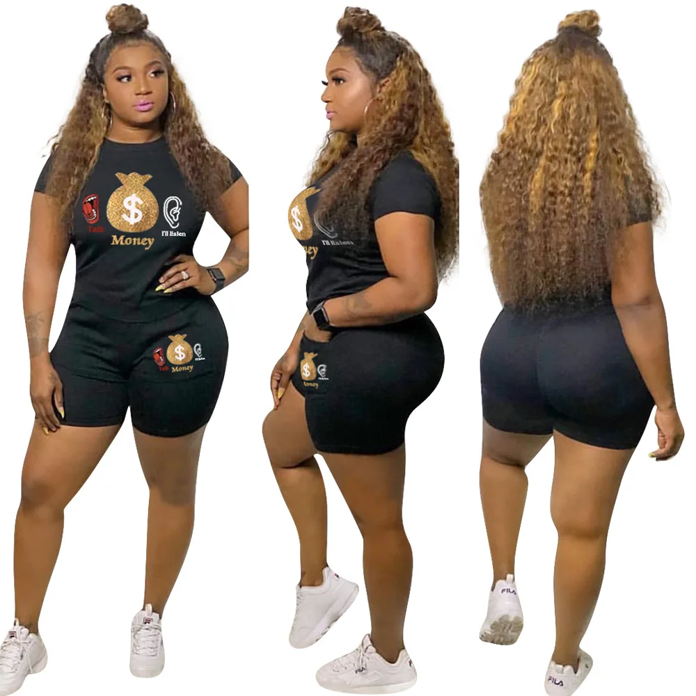 Plus Size Casual Two Piece Tracksuit Women Summer Festival Clothing Letter Print Short Sleeve Top And Biker Shorts Matching Set