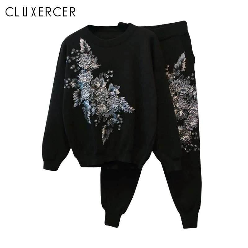 

Women Two Piece Set 2018 New Autumn Winter Knitted Suit Fashion Embroidery Pullover Sweater And Pants Suit Set Female