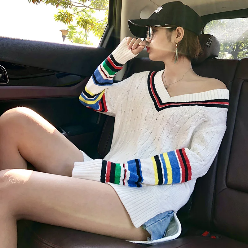 women pullovers striped sweater autumn V-neck collar office lady 2018 new sweater female loose knitted full sleeve women pullovers striped sweater autumn V-neck collar office lady 2018 new sweater female loose knitted full sleeve