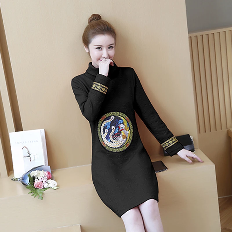 Зима 2018 новый с длинными рукавами утолщенной шелк cottonTurtleneck жаккардовое платье