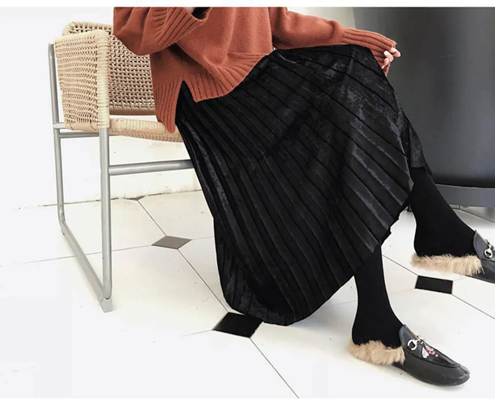 Женская длинная Плиссированная юбка, теплые бархатные леггинсы, имитация двух частей, яркий металлический цвет, макси юбки, брюки, набор, faldas jupe femme