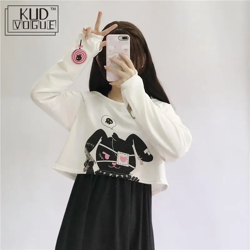 Lolita Dress 2pcs Suit Sweet Cotton Dress Short Cute Bunny Print Long Sleeves Set Japanese Teens Kawaii Girls