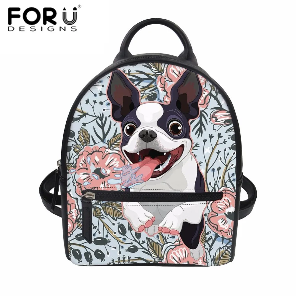 FORUDESIGNS Women Backpack Bulldog Pug Print PU Leather Rucksack