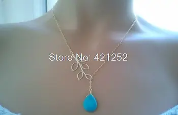 

20pcs Leaves with Tur quoise Pendant Necklace,Charm Lariat Statement Beadwork necklace