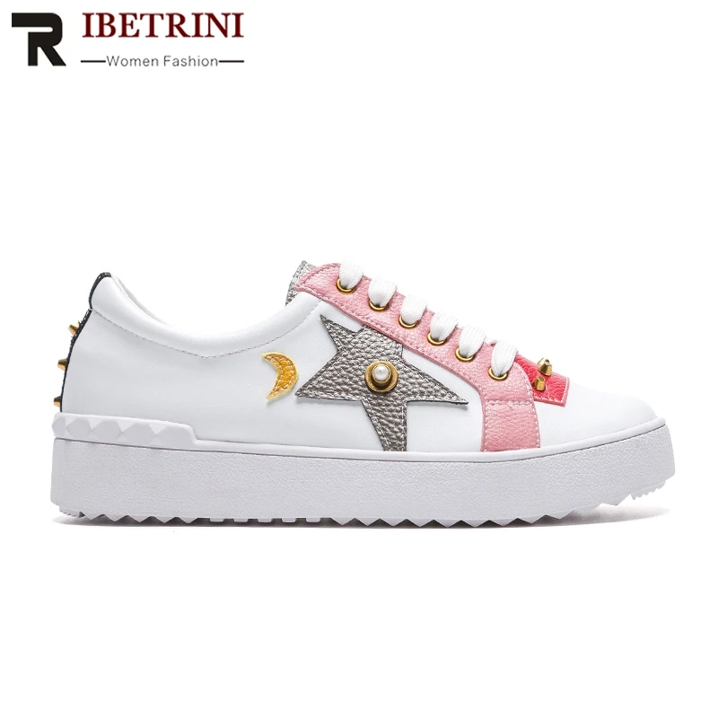 

RIBETRINI 2019 Ins Hot Style New Genuine Leather Cow Leather Women Shoes Leisure Woman White Casual Shoes Sneakers Loafers Flats