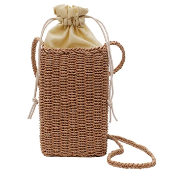 

JHD-Bucket Cylindrical Straw Bags Bow Wheat-Straw Woven Women Crossbody Bags Shoulder Tote Bag String