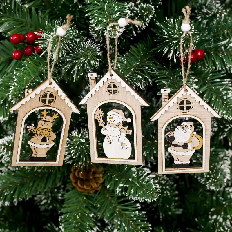 

8.5*12.5 CM Wooden Crafts Card House Shape Reindeer Snowman Xmas Tree Hanging Drop Pendants New Year Wall Door Ornaments 1 PC