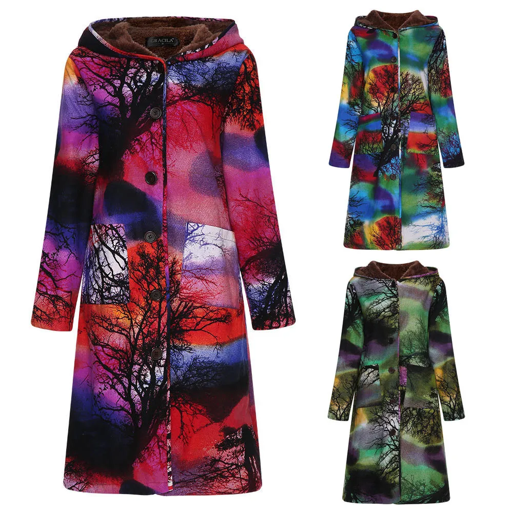 

Basic 2018 fashion Casual Medium and long section Womens Winter Warm Outwear Floral Print Plaid Hooded Pockets Oversize Coats